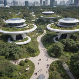 Joyama Park bustling with people dressed in future fashion of 2050, embracing advanced technology and futuristic structures amidst lush greenery.