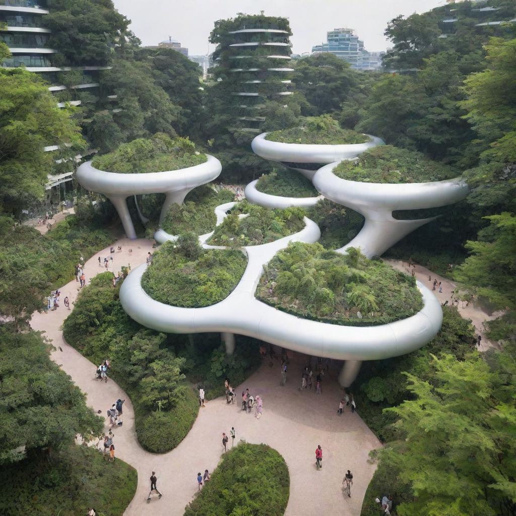 Joyama Park bustling with people dressed in future fashion of 2050, embracing advanced technology and futuristic structures amidst lush greenery.