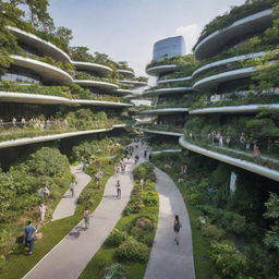 Joyama Park bustling with people dressed in future fashion of 2050, embracing advanced technology and futuristic structures amidst lush greenery.