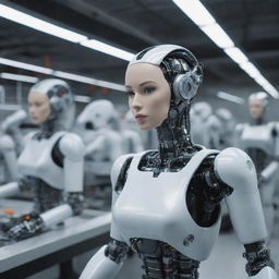 Inside a futuristic factory, industrial robots are meticulously assembling humanoid cyborg girls on an advanced assembly line.