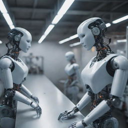 Inside a futuristic factory, industrial robots are meticulously assembling humanoid cyborg girls on an advanced assembly line.