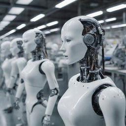 Inside a futuristic factory, industrial robots are meticulously assembling humanoid cyborg girls on an advanced assembly line.