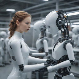 Inside a futuristic factory, industrial robots are meticulously assembling humanoid cyborg girls on an advanced assembly line.