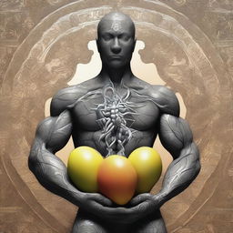 An intriguing digital art piece depicting a human body with a mango as its core