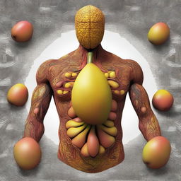 An intriguing digital art piece depicting a human body with a mango as its core