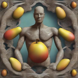 An intriguing digital art piece depicting a human body with a mango as its core