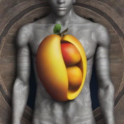 An intriguing digital art piece depicting a human body with a mango as its core