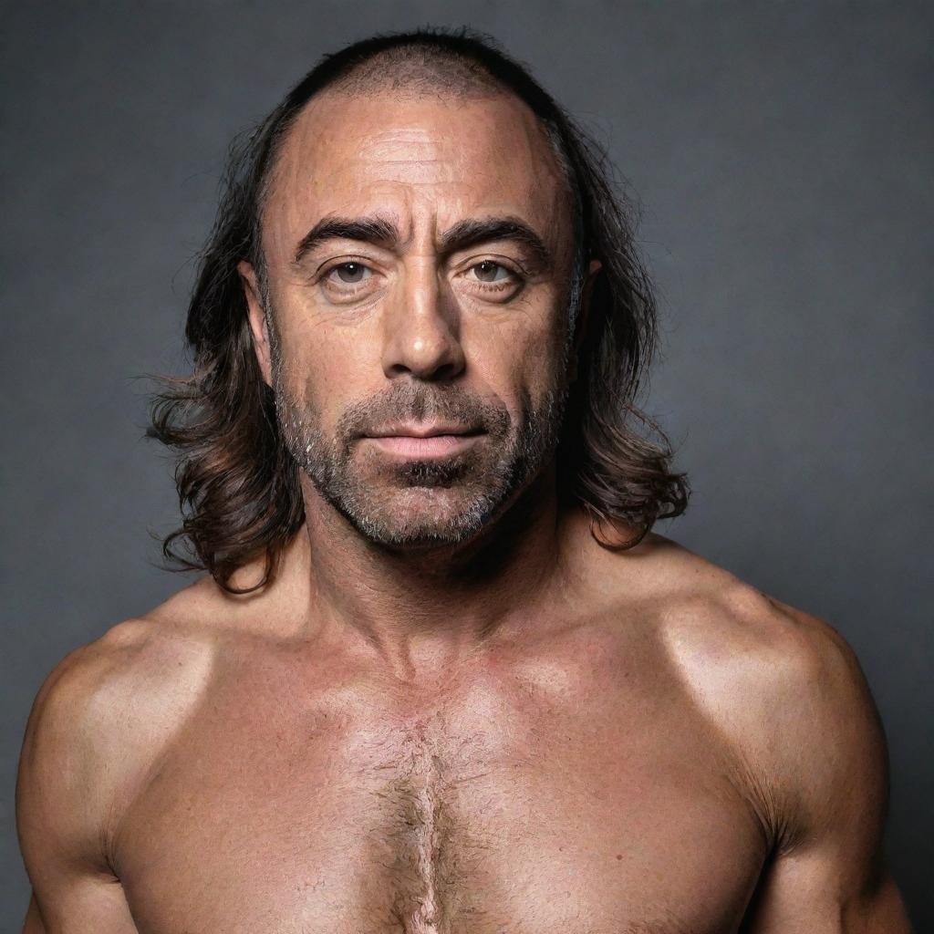 Portrait of Joe Rogan with elongated, luscious hair, cascading onto his shoulders