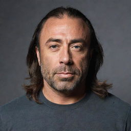 Portrait of Joe Rogan with elongated, luscious hair, cascading onto his shoulders