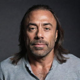 Portrait of Joe Rogan with elongated, luscious hair, cascading onto his shoulders