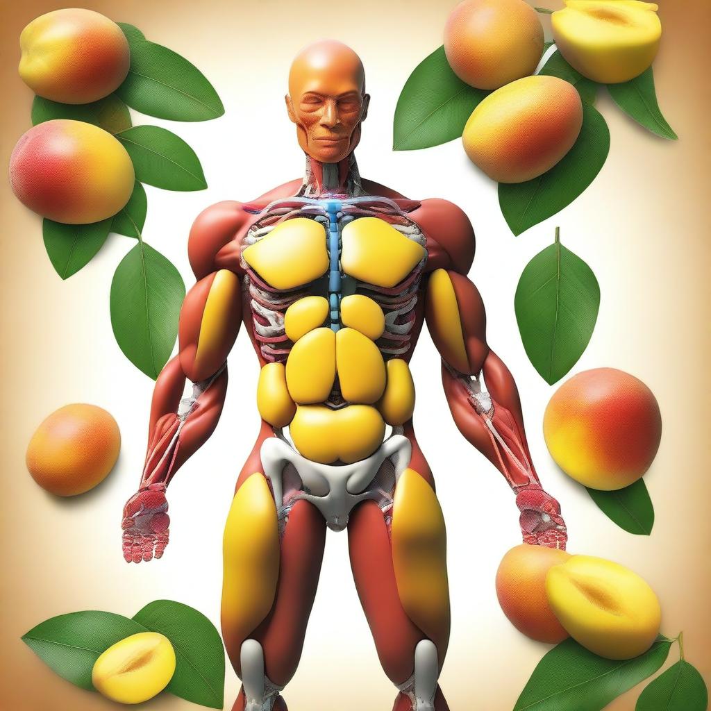 An image of a high-quality, digital art representation of a human body, with the muscles and bones stylized as vibrant, ripe mangoes