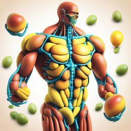 An image of a high-quality, digital art representation of a human body, with the muscles and bones stylized as vibrant, ripe mangoes