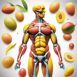 An image of a high-quality, digital art representation of a human body, with the muscles and bones stylized as vibrant, ripe mangoes