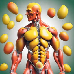 An image of a high-quality, digital art representation of a human body, with the muscles and bones stylized as vibrant, ripe mangoes