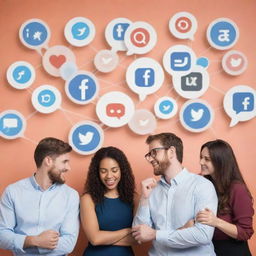 Generate an image showing a harmonious relationship between a social media marketing agency and its customers. Depict creative ideas exchange, friendly interactions, and positive outcomes.