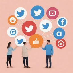 Generate an image showing a harmonious relationship between a social media marketing agency and its customers. Depict creative ideas exchange, friendly interactions, and positive outcomes.