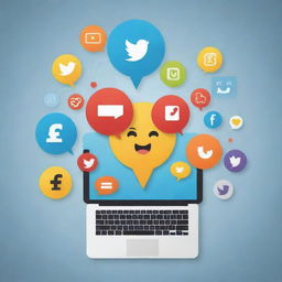 Generate an image representing the relationship between a social media marketing agency and its customers, without humans. Show idea exchange, interactions, and positive outcomes through symbolic elements like devices, social media icons, happy emoticons and charts.