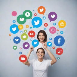 Generate an image representing the relationship between a social media marketing agency and its customers, without humans. Show idea exchange, interactions, and positive outcomes through symbolic elements like devices, social media icons, happy emoticons and charts.