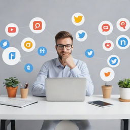 Generate an image with no humans that symbolizes the relationship between a social media marketing agency and its customers. Incorporate elements of technology like computers, smartphones, digital screens, engaging social media posts, and successful analytics graphs.