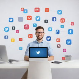 Generate an image with no humans that symbolizes the relationship between a social media marketing agency and its customers. Incorporate elements of technology like computers, smartphones, digital screens, engaging social media posts, and successful analytics graphs.