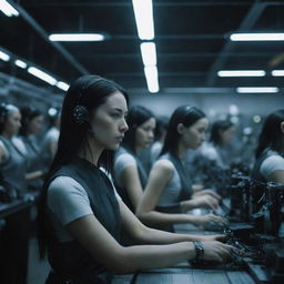 In a darkened, cyberpunk-style factory, a production line is busy assembling humanoid cyborg girls, reflecting the stark and radiant lights.