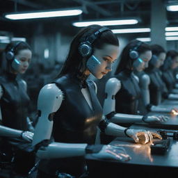 In a darkened, cyberpunk-style factory, a production line is busy assembling humanoid cyborg girls, reflecting the stark and radiant lights.