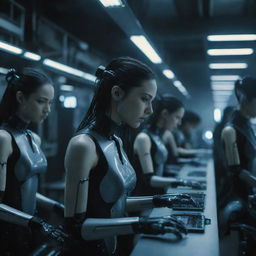 In a darkened, cyberpunk-style factory, a production line is busy assembling humanoid cyborg girls, reflecting the stark and radiant lights.