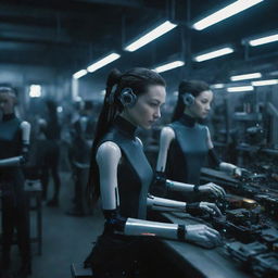 In a darkened, cyberpunk-style factory, a production line is busy assembling humanoid cyborg girls, reflecting the stark and radiant lights.