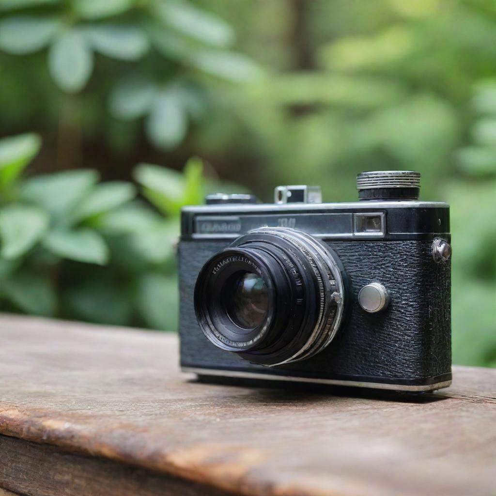 A stylish vintage camera perched on a rustic wooden table, in front of a blurred background showcasing nature's verdant hues.