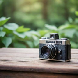 A stylish vintage camera perched on a rustic wooden table, in front of a blurred background showcasing nature's verdant hues.