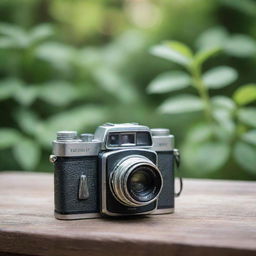 A stylish vintage camera perched on a rustic wooden table, in front of a blurred background showcasing nature's verdant hues.