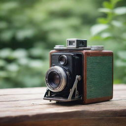 A stylish vintage camera perched on a rustic wooden table, in front of a blurred background showcasing nature's verdant hues.