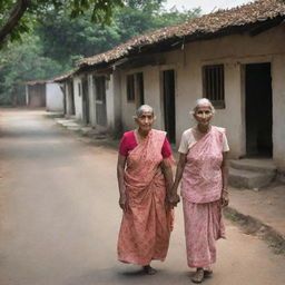 A quaint, small village with an unique story revolving around a beloved elderly woman referred to as 'Dadi'. The village scene is composed such that it exudes Dadi's essence of never asking for anything, only giving love and happiness.