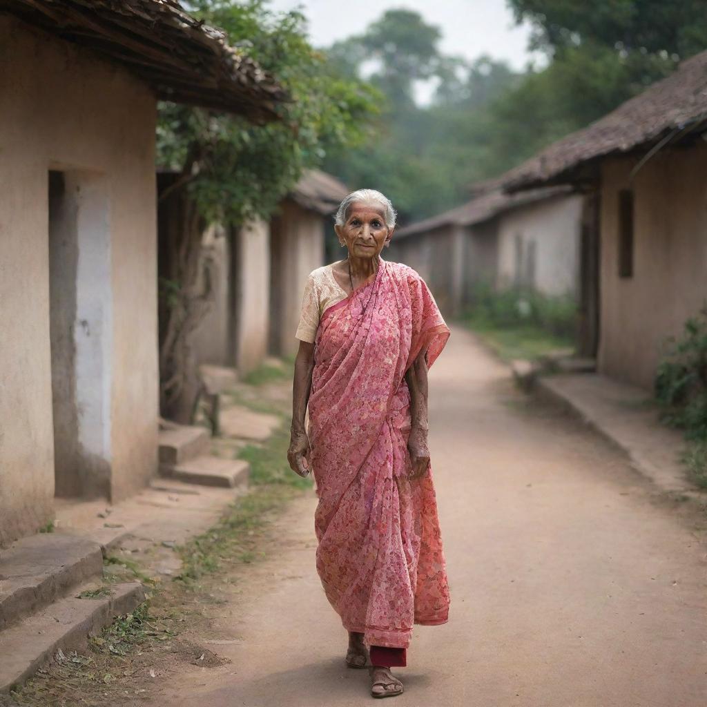 A quaint, small village with an unique story revolving around a beloved elderly woman referred to as 'Dadi'. The village scene is composed such that it exudes Dadi's essence of never asking for anything, only giving love and happiness.