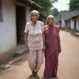 A quaint, small village with an unique story revolving around a beloved elderly woman referred to as 'Dadi'. The village scene is composed such that it exudes Dadi's essence of never asking for anything, only giving love and happiness.