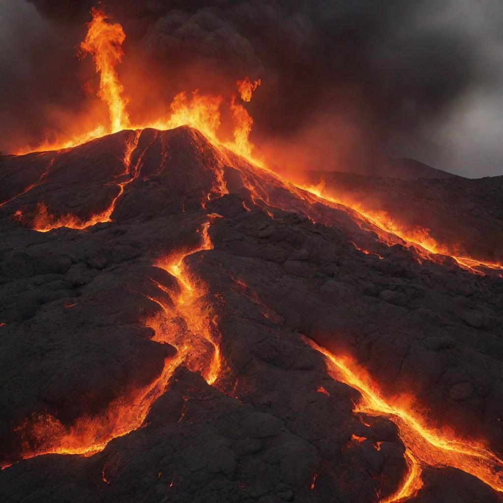 A vivid, dramatic background depicting fire mingling with dust over a volcanic lava field