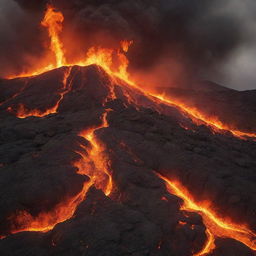 A vivid, dramatic background depicting fire mingling with dust over a volcanic lava field