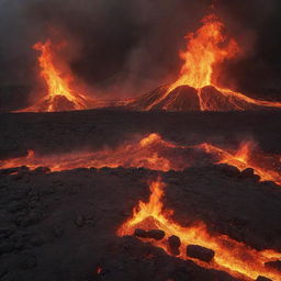 A vivid, dramatic background depicting fire mingling with dust over a volcanic lava field