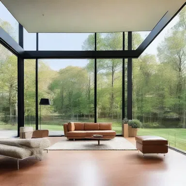 The floor-to-ceiling windows in the modern house burst out, flooding the interior with natural light.