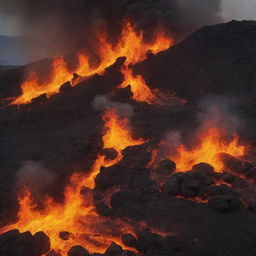 A vivid, dramatic background depicting fire mingling with dust over a volcanic lava field