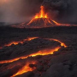 A vivid, dramatic background depicting fire mingling with dust over a volcanic lava field