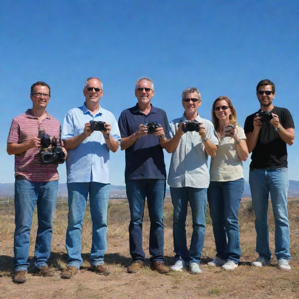 A diverse group of individuals, each holding a variety of cameras, standing together in a scenic outdoor location under a brilliant blue sky.