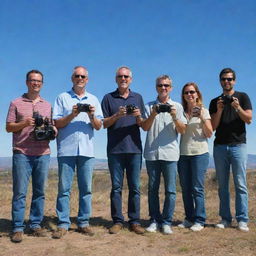 A diverse group of individuals, each holding a variety of cameras, standing together in a scenic outdoor location under a brilliant blue sky.