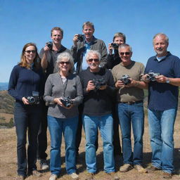 A diverse group of individuals, each holding a variety of cameras, standing together in a scenic outdoor location under a brilliant blue sky.