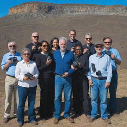 A diverse group of individuals, each holding a variety of cameras, standing together in a scenic outdoor location under a brilliant blue sky.