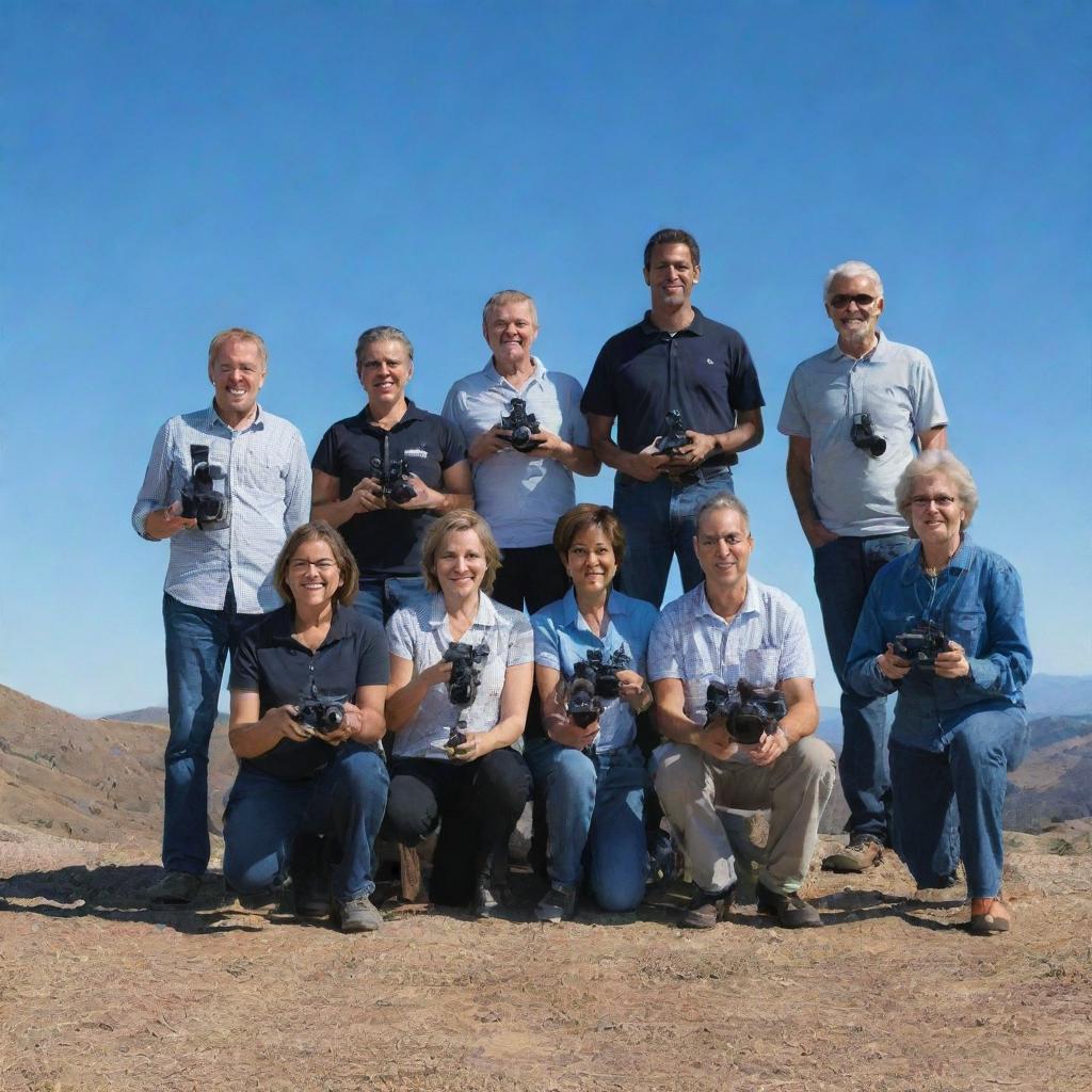 A diverse group of individuals, each holding a variety of cameras, standing together in a scenic outdoor location under a brilliant blue sky.