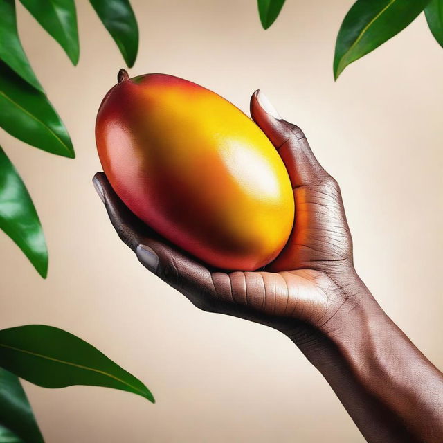 A high-quality digital art piece showcasing a close-up view of a meticulously detailed, ripe mango resting in an outstretched hand