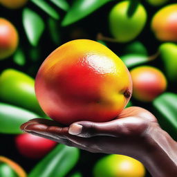 A high-quality digital art piece showcasing a close-up view of a meticulously detailed, ripe mango resting in an outstretched hand