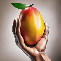 A high-quality digital art piece showcasing a close-up view of a meticulously detailed, ripe mango resting in an outstretched hand