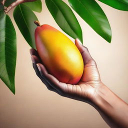 A high-quality digital art piece showcasing a close-up view of a meticulously detailed, ripe mango resting in an outstretched hand